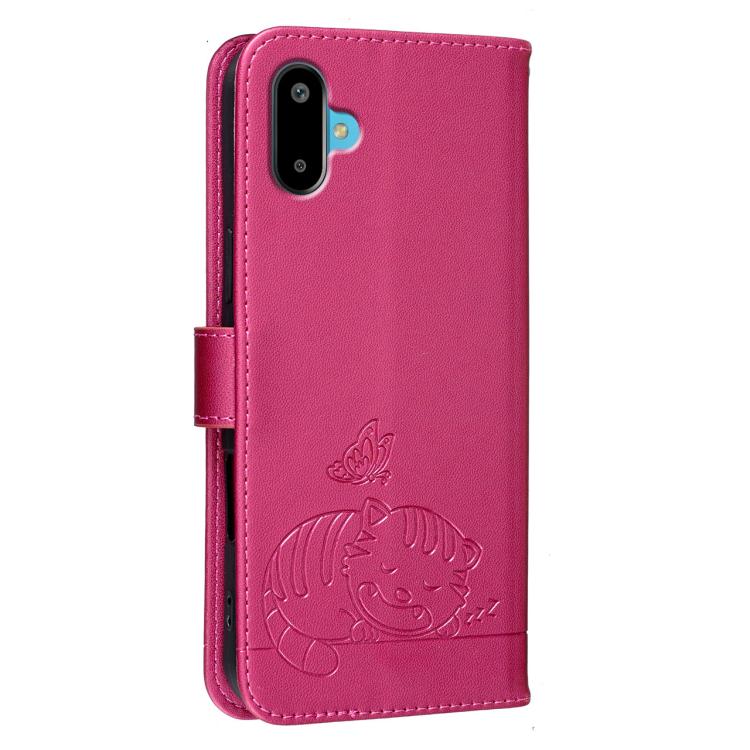 For Galaxy F06 5G Cat Butterfly Embossed RFID Vegan Leather Phone Case with Strap