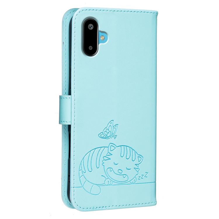 For Galaxy F06 5G Cat Butterfly Embossed RFID Vegan Leather Phone Case with Strap