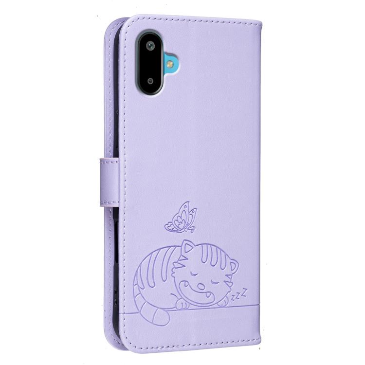 For Galaxy F06 5G Cat Butterfly Embossed RFID Vegan Leather Phone Case with Strap