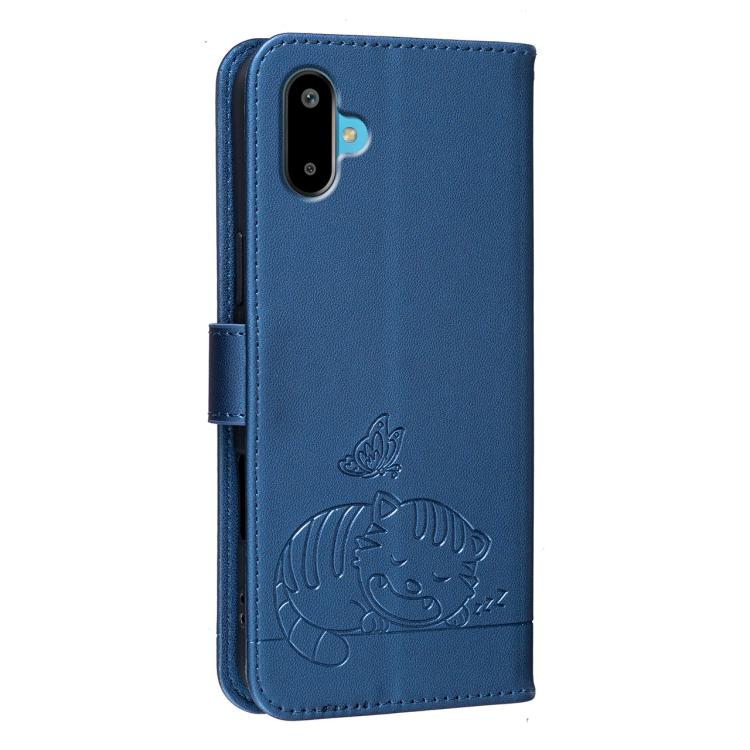 For Galaxy F06 5G Cat Butterfly Embossed RFID Vegan Leather Phone Case with Strap