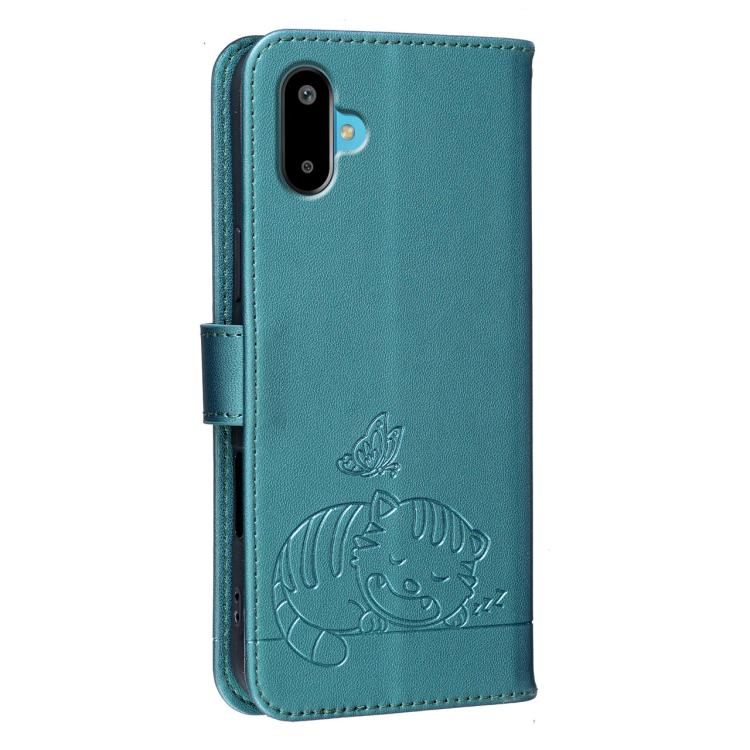 For Galaxy F06 5G Cat Butterfly Embossed RFID Vegan Leather Phone Case with Strap