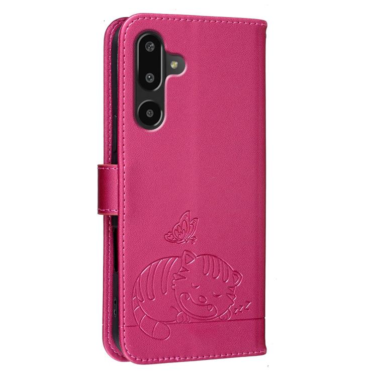 For Galaxy F16 5G Cat Butterfly Embossed RFID Vegan Leather Phone Case with Strap