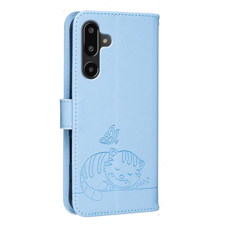 For Galaxy F16 5G Cat Butterfly Embossed RFID Vegan Leather Phone Case with Strap