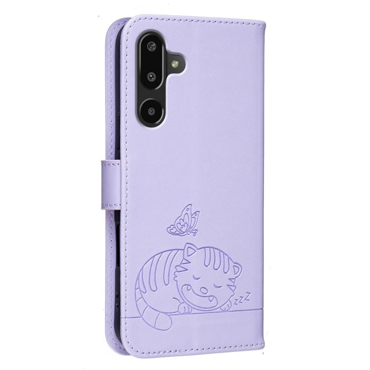 For Galaxy F16 5G Cat Butterfly Embossed RFID Vegan Leather Phone Case with Strap