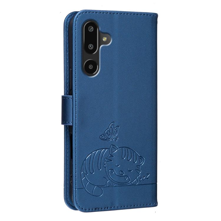 For Galaxy F16 5G Cat Butterfly Embossed RFID Vegan Leather Phone Case with Strap