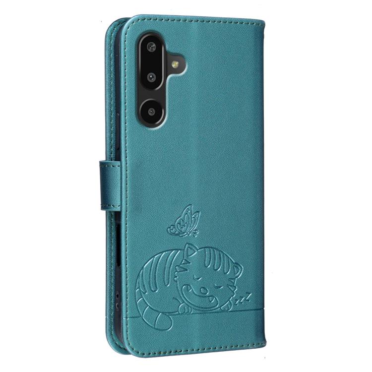 For Galaxy F16 5G Cat Butterfly Embossed RFID Vegan Leather Phone Case with Strap