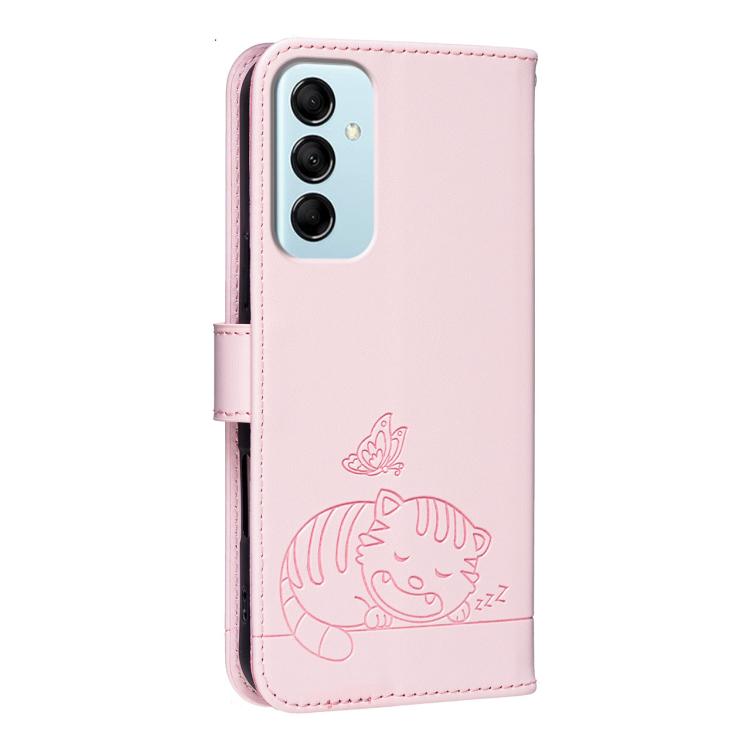 For Galaxy M14 5G Cat Butterfly Embossed RFID Vegan Leather Phone Case with Strap