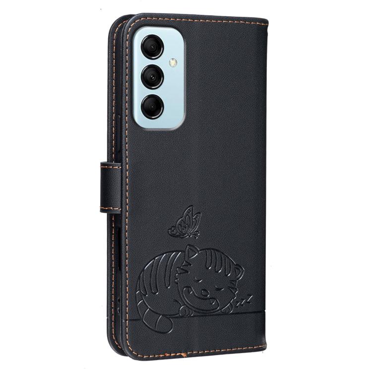 For Galaxy M14 5G Cat Butterfly Embossed RFID Vegan Leather Phone Case with Strap