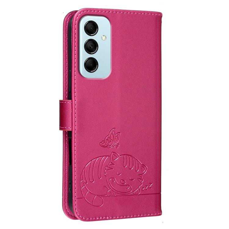 For Galaxy M14 5G Cat Butterfly Embossed RFID Vegan Leather Phone Case with Strap