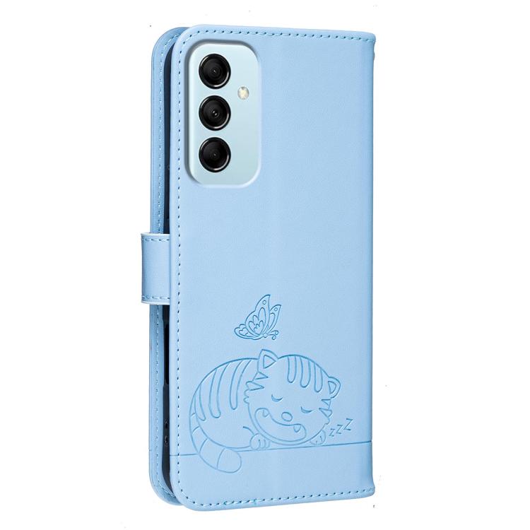 For Galaxy M14 5G Cat Butterfly Embossed RFID Vegan Leather Phone Case with Strap