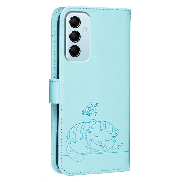 For Galaxy M14 5G Cat Butterfly Embossed RFID Vegan Leather Phone Case with Strap