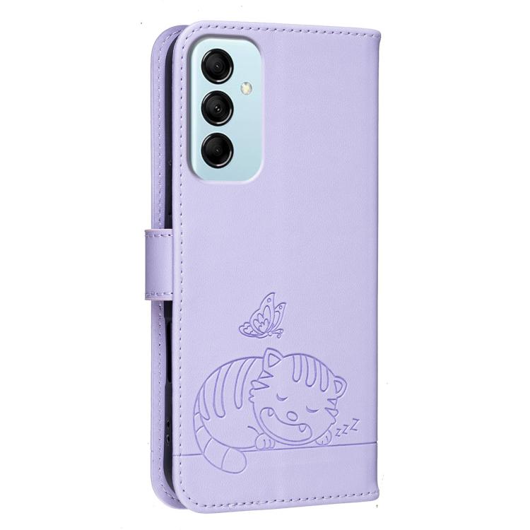 For Galaxy M14 5G Cat Butterfly Embossed RFID Vegan Leather Phone Case with Strap