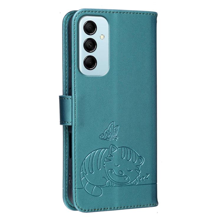 For Galaxy M14 5G Cat Butterfly Embossed RFID Vegan Leather Phone Case with Strap