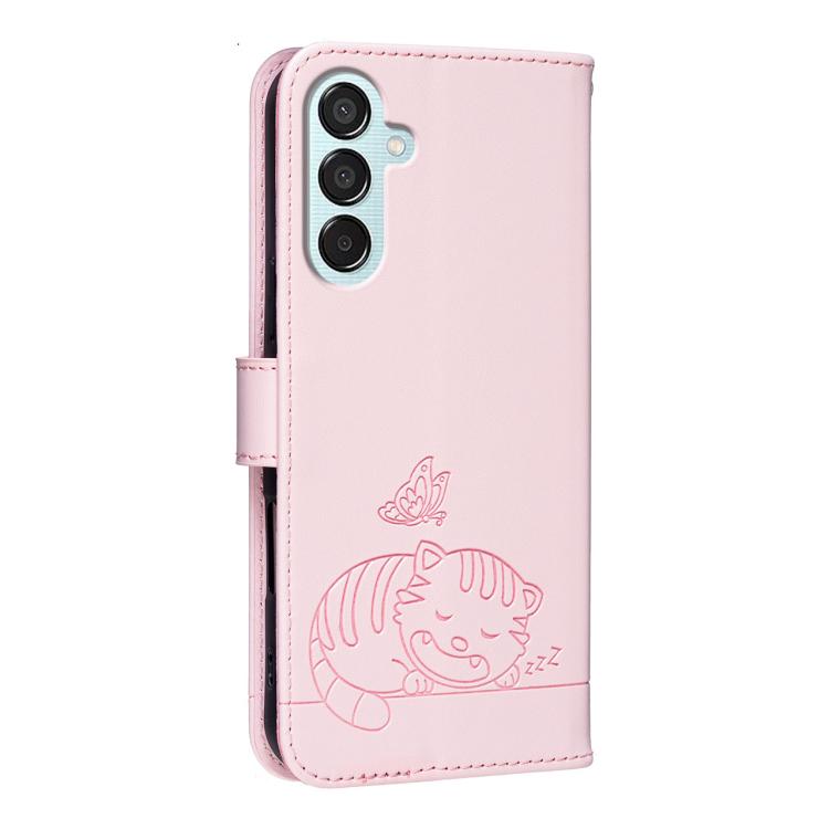 For Galaxy M15 Cat Butterfly Embossed RFID Vegan Leather Phone Case with Strap
