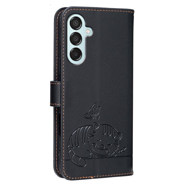 For Galaxy M15 Cat Butterfly Embossed RFID Vegan Leather Phone Case with Strap