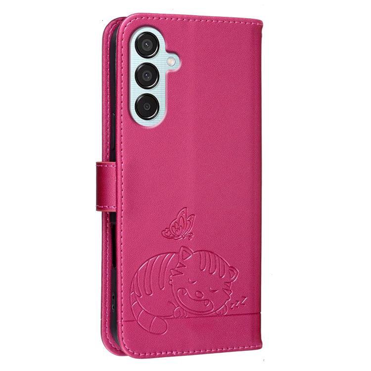 For Galaxy M15 Cat Butterfly Embossed RFID Vegan Leather Phone Case with Strap