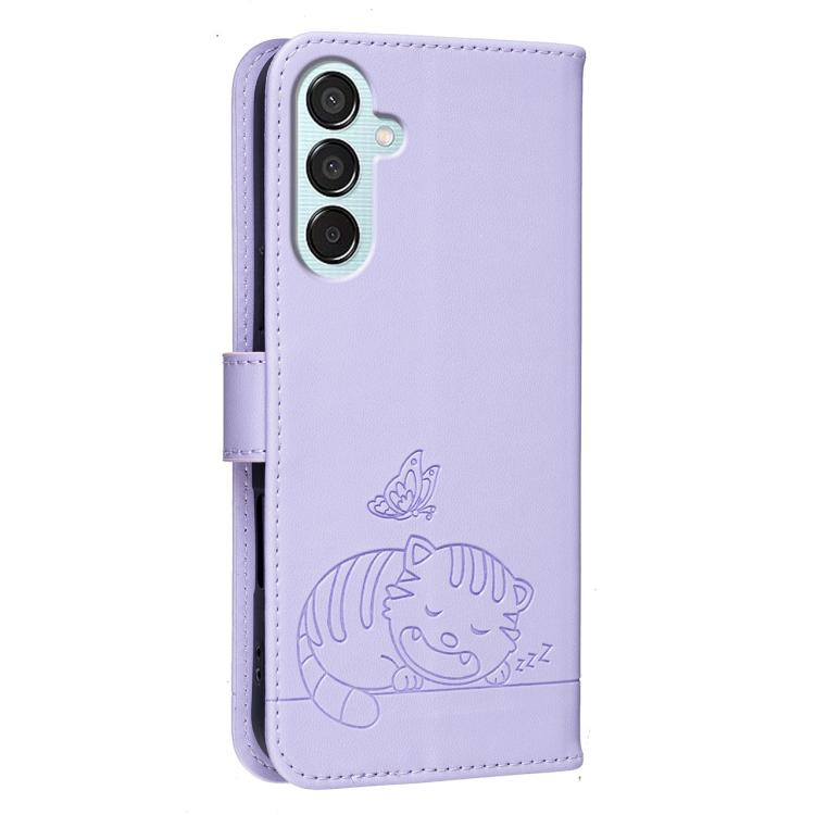 For Galaxy M15 Cat Butterfly Embossed RFID Vegan Leather Phone Case with Strap