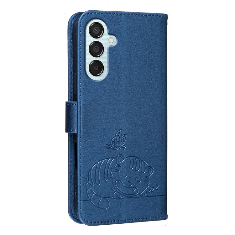 For Galaxy M15 Cat Butterfly Embossed RFID Vegan Leather Phone Case with Strap