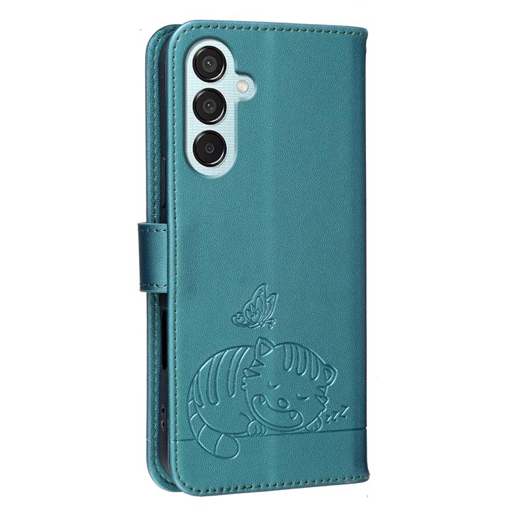For Galaxy M15 Cat Butterfly Embossed RFID Vegan Leather Phone Case with Strap