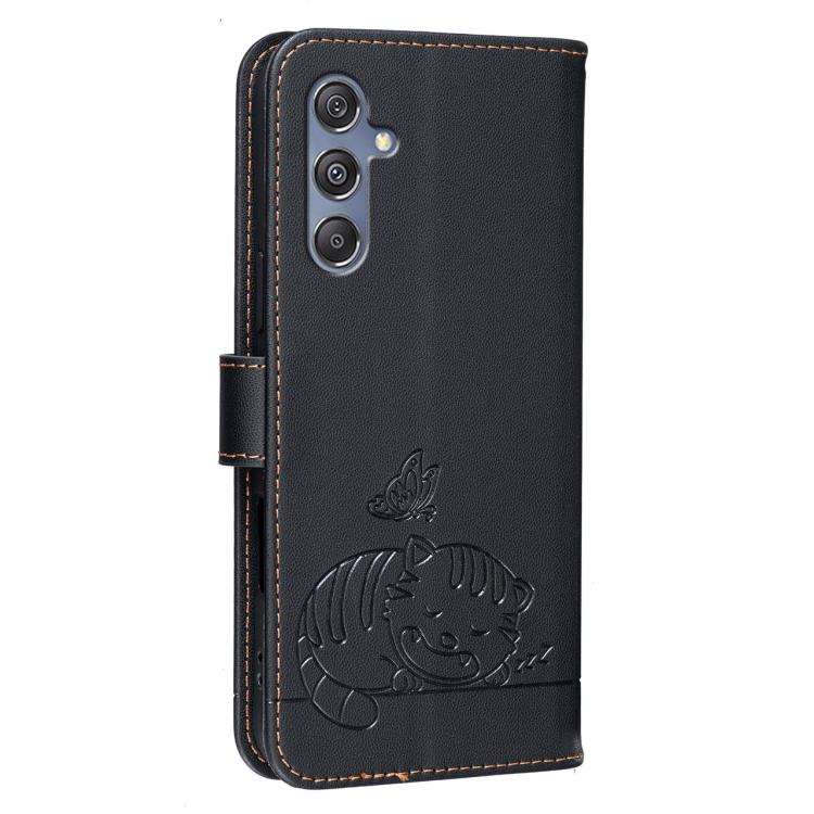 For Galaxy M34 5G Cat Butterfly Embossed RFID Vegan Leather Phone Case with Strap