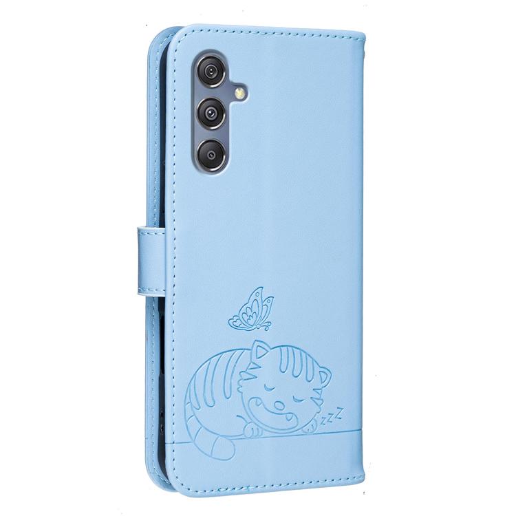 For Galaxy M34 5G Cat Butterfly Embossed RFID Vegan Leather Phone Case with Strap