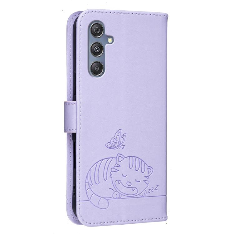 For Galaxy M34 5G Cat Butterfly Embossed RFID Vegan Leather Phone Case with Strap