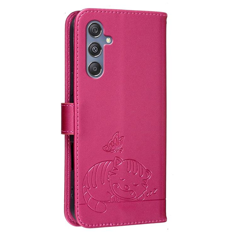 For Galaxy M35 Cat Butterfly Embossed RFID Vegan Leather Phone Case with Strap