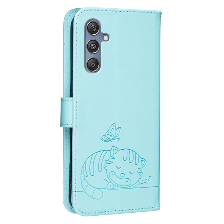 For Galaxy M35 Cat Butterfly Embossed RFID Vegan Leather Phone Case with Strap