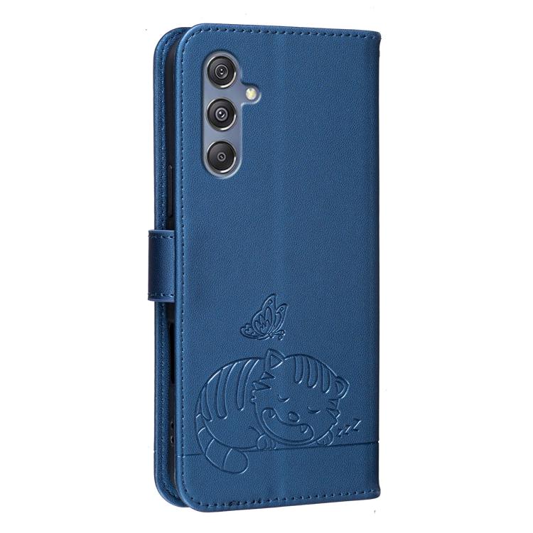 For Galaxy M35 Cat Butterfly Embossed RFID Vegan Leather Phone Case with Strap