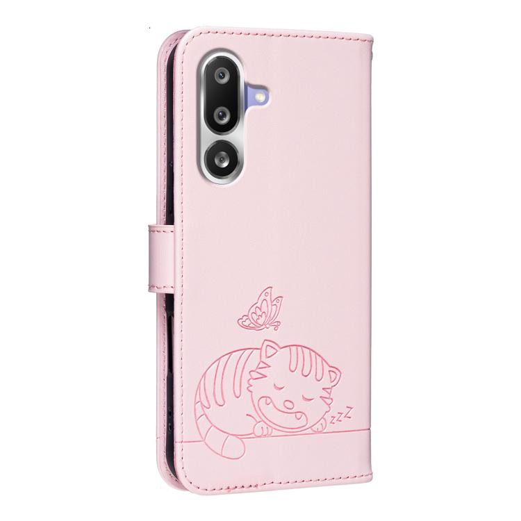For Galaxy M36 5G Cat Butterfly Embossed RFID Vegan Leather Phone Case with Strap
