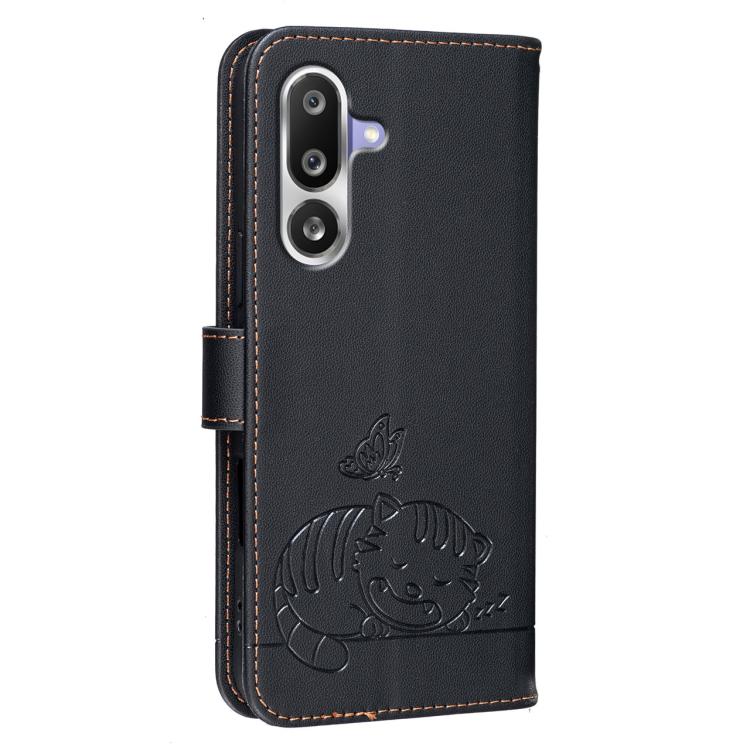 For Galaxy M36 5G Cat Butterfly Embossed RFID Vegan Leather Phone Case with Strap
