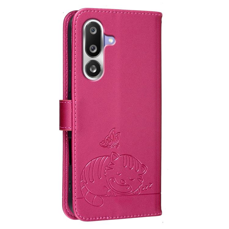 For Galaxy M36 5G Cat Butterfly Embossed RFID Vegan Leather Phone Case with Strap