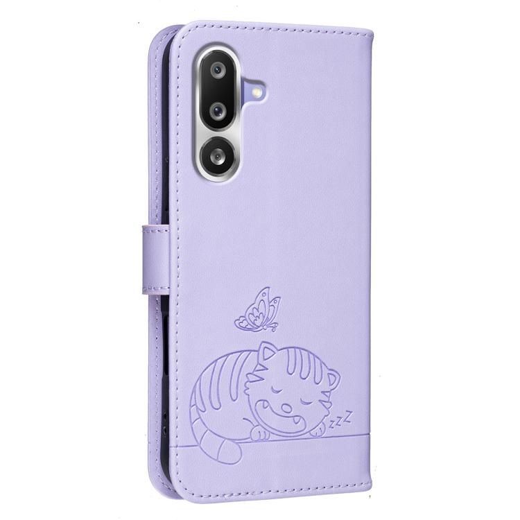 For Galaxy M36 5G Cat Butterfly Embossed RFID Vegan Leather Phone Case with Strap