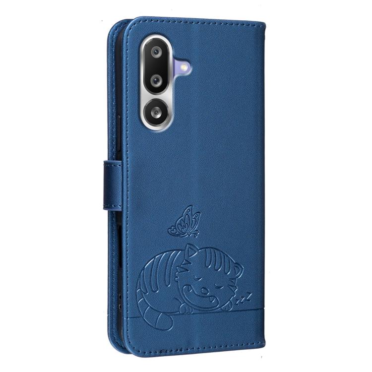 For Galaxy M36 5G Cat Butterfly Embossed RFID Vegan Leather Phone Case with Strap