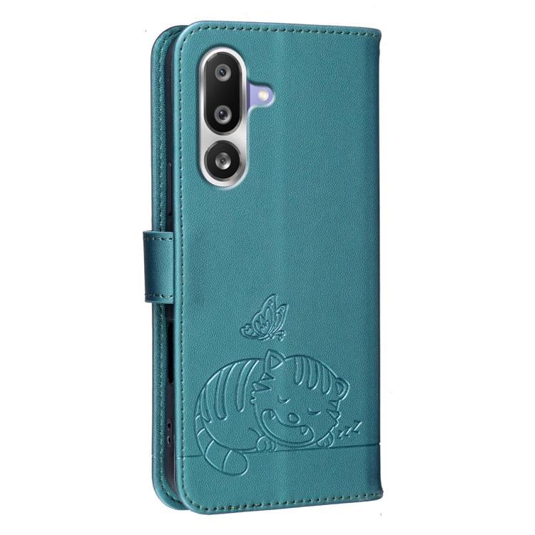 For Galaxy M36 5G Cat Butterfly Embossed RFID Vegan Leather Phone Case with Strap