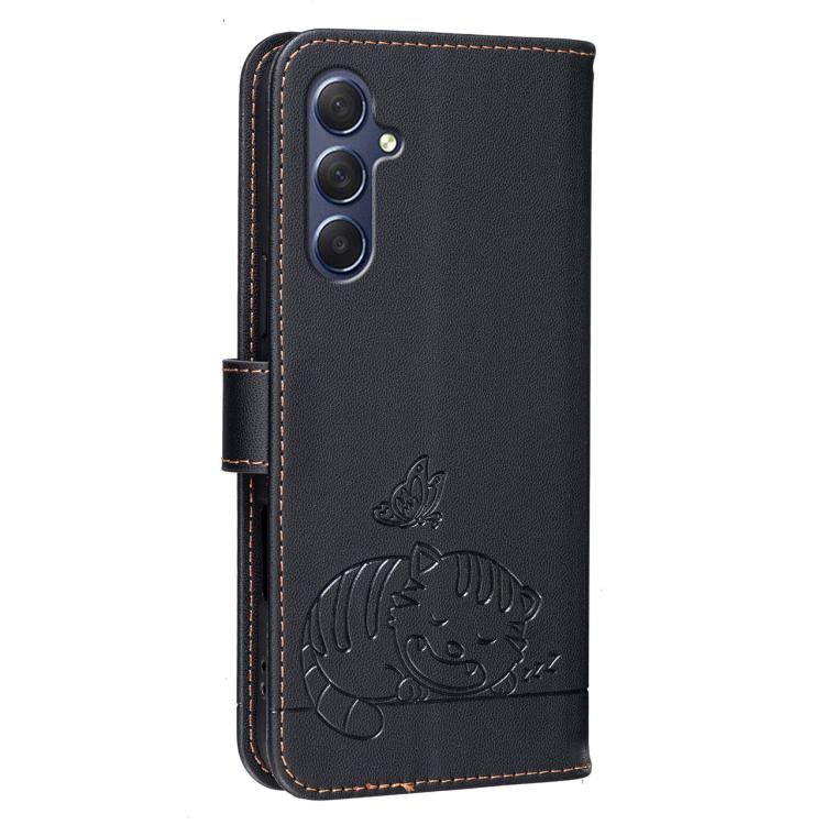 For Galaxy M54 Cat Butterfly Embossed RFID Vegan Leather Phone Case with Strap