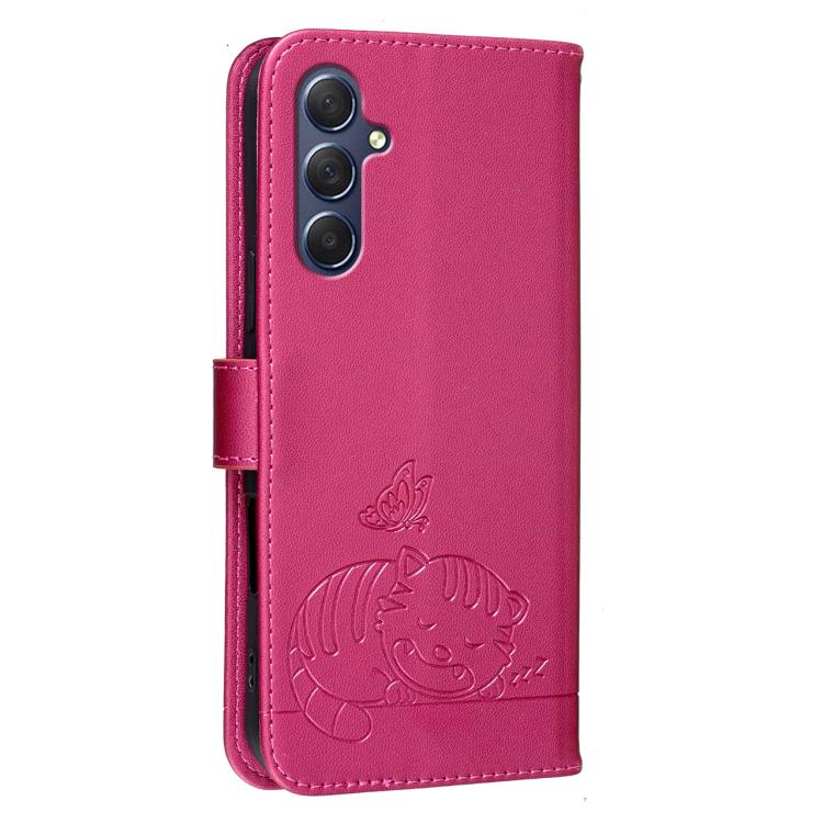 For Galaxy M54 Cat Butterfly Embossed RFID Vegan Leather Phone Case with Strap