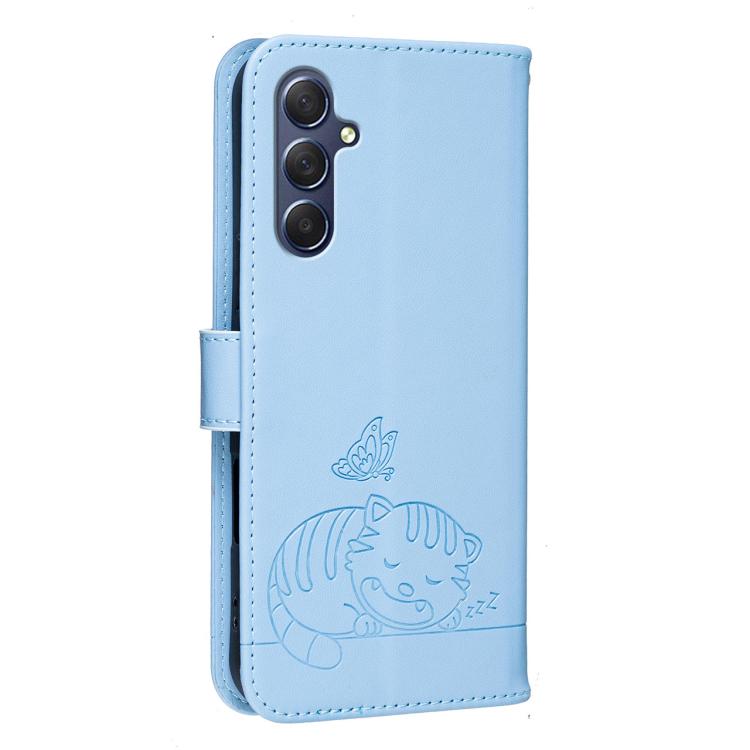 For Galaxy M54 Cat Butterfly Embossed RFID Vegan Leather Phone Case with Strap