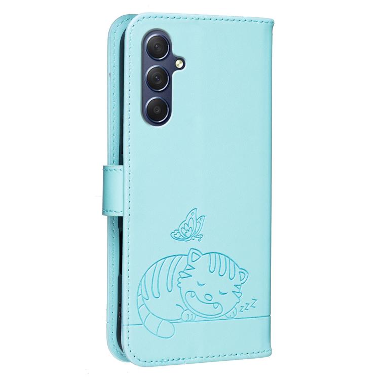 For Galaxy M54 Cat Butterfly Embossed RFID Vegan Leather Phone Case with Strap
