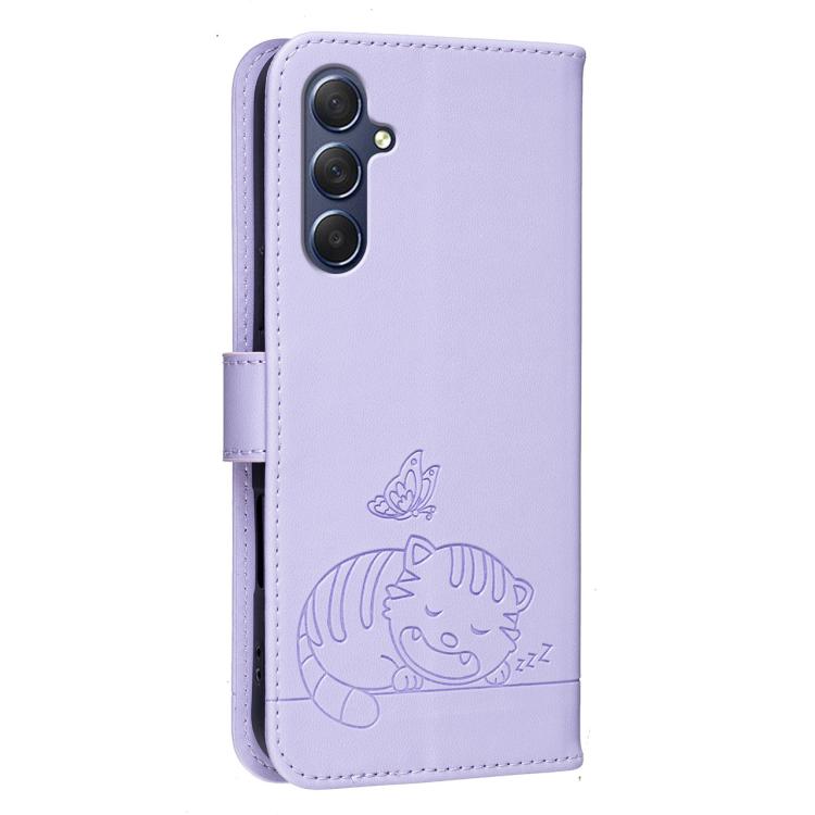 For Galaxy M54 Cat Butterfly Embossed RFID Vegan Leather Phone Case with Strap