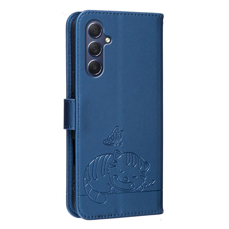 For Galaxy M54 Cat Butterfly Embossed RFID Vegan Leather Phone Case with Strap
