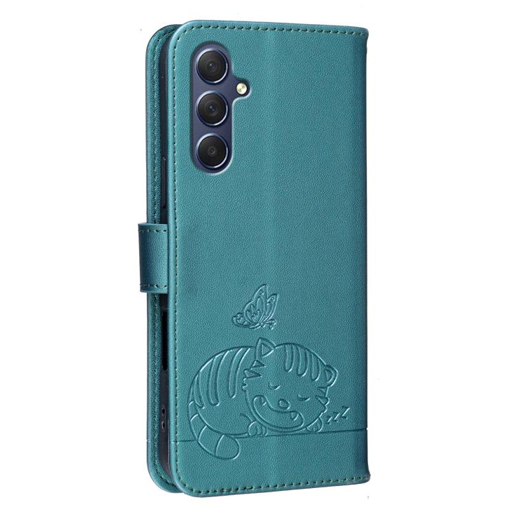 For Galaxy M54 Cat Butterfly Embossed RFID Vegan Leather Phone Case with Strap