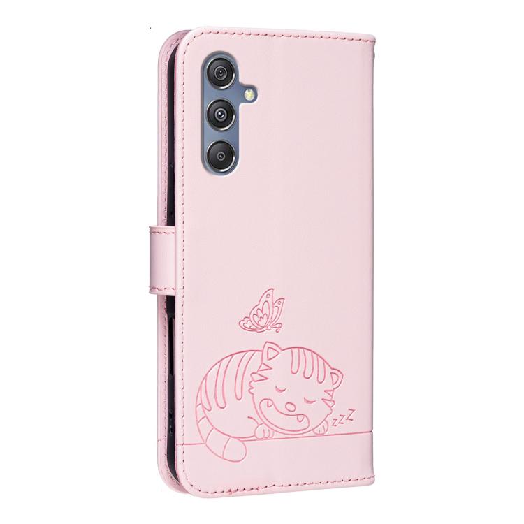 For Galaxy M55 Cat Butterfly Embossed RFID Vegan Leather Phone Case with Strap