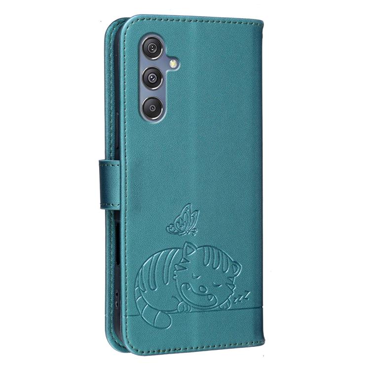 For Galaxy M55 Cat Butterfly Embossed RFID Vegan Leather Phone Case with Strap