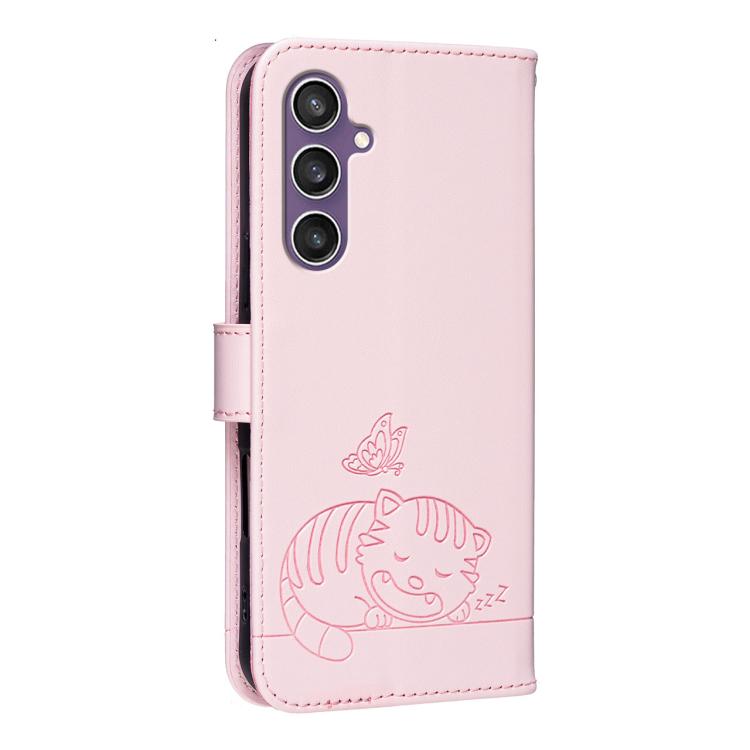 For Galaxy S23 FE 5G Cat Butterfly Embossed RFID Vegan Leather Phone Case with Strap
