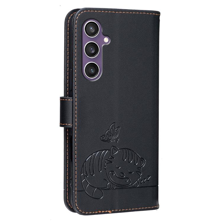 For Galaxy S23 FE 5G Cat Butterfly Embossed RFID Vegan Leather Phone Case with Strap