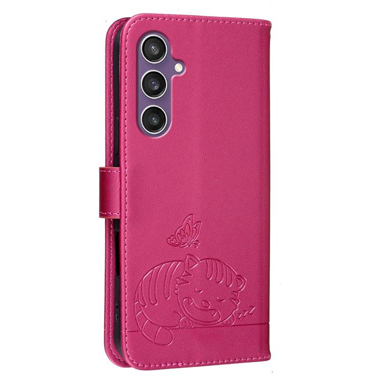 For Galaxy S23 FE 5G Cat Butterfly Embossed RFID Vegan Leather Phone Case with Strap