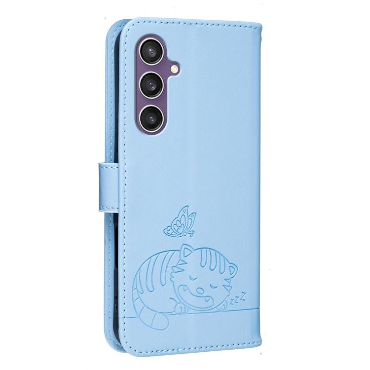 For Galaxy S23 FE 5G Cat Butterfly Embossed RFID Vegan Leather Phone Case with Strap