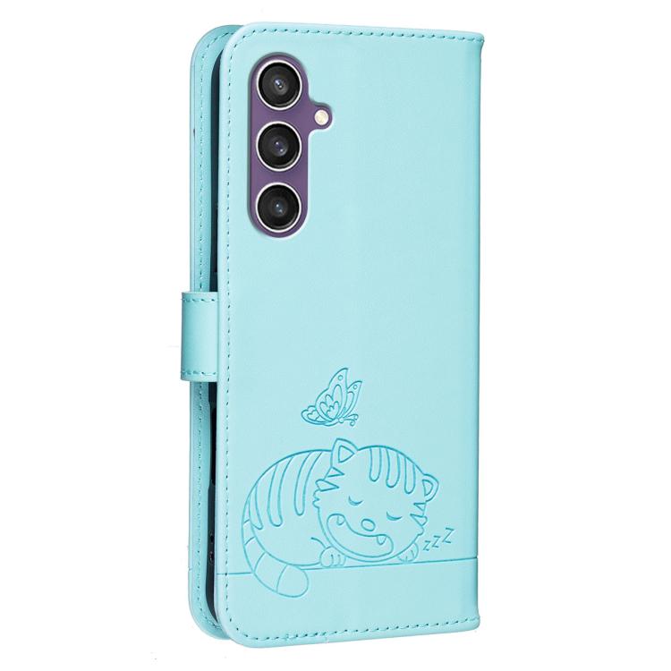 For Galaxy S23 FE 5G Cat Butterfly Embossed RFID Vegan Leather Phone Case with Strap