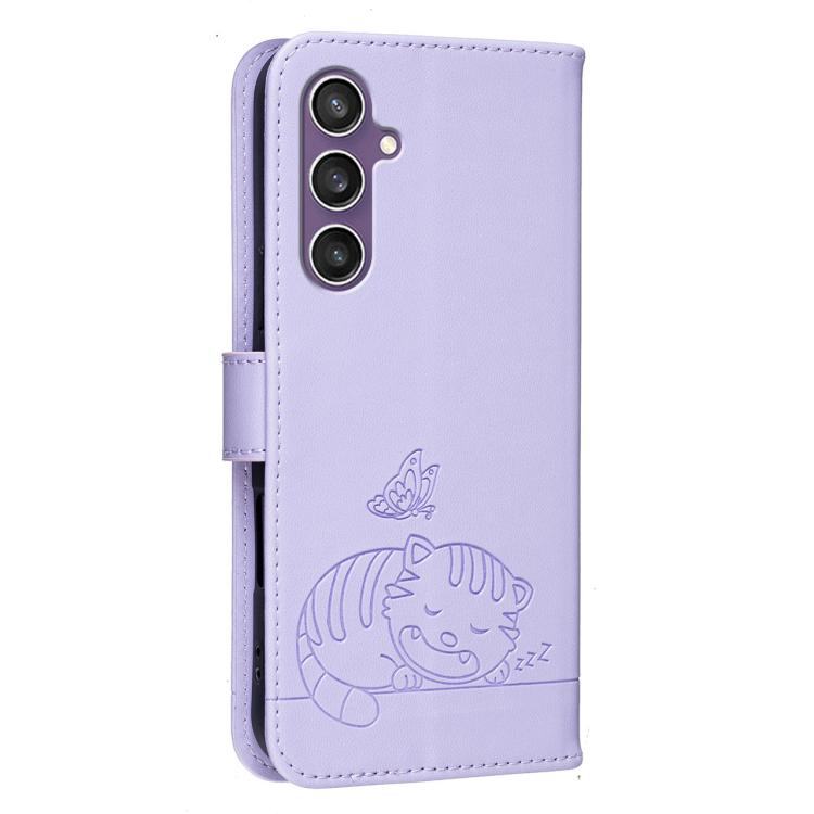 For Galaxy S23 FE 5G Cat Butterfly Embossed RFID Vegan Leather Phone Case with Strap